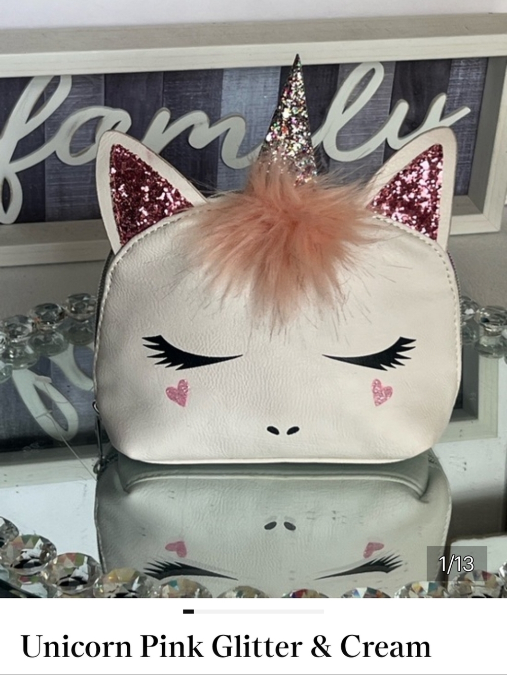 Unicorn Pink Glitter & Cream Faux Leather cosmetic bag or coin purse